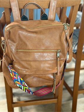 Urban Expressions Tan Faux Leather Backpack with Colorful Woven Strap